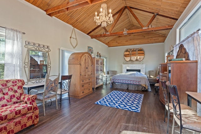 bedroom with wood finished floors, an inviting chandelier, wooden ceiling, and a fireplace