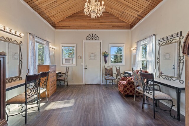 office space with crown molding, dark wood-style floors, and wood ceiling