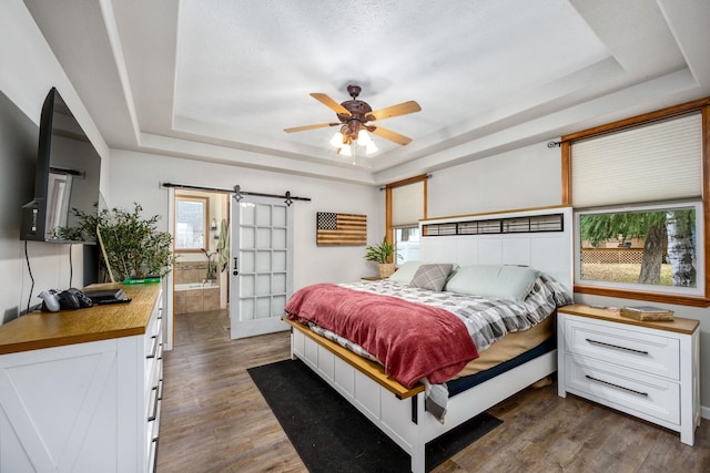 bedroom featuring dark wood finished floors, a raised ceiling, and a barn door