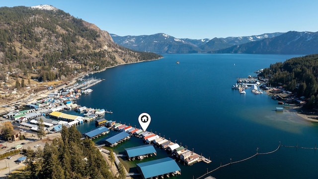 birds eye view of property featuring a water and mountain view