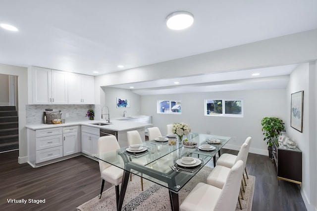 dining area with recessed lighting, stairway, baseboards, and dark wood finished floors