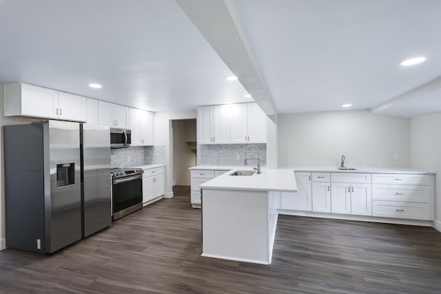 kitchen with tasteful backsplash, a peninsula, white cabinets, stainless steel appliances, and a sink