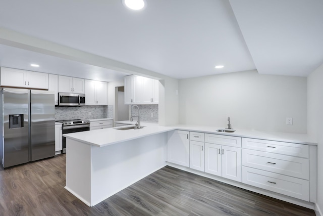 kitchen featuring a sink, stainless steel appliances, white cabinets, and dark wood-style flooring