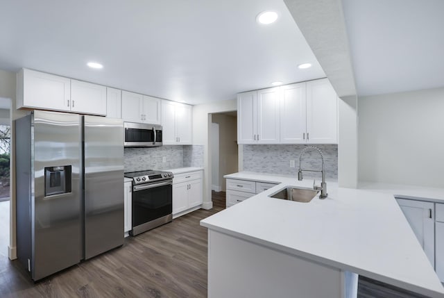 kitchen featuring a sink, dark wood finished floors, stainless steel appliances, a peninsula, and white cabinets