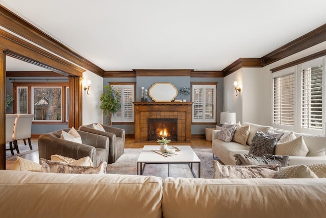 living area with ornamental molding, a fireplace, baseboards, and wood finished floors