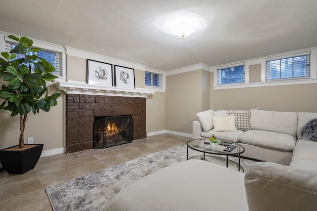 living room featuring tile patterned floors, a fireplace with flush hearth, and baseboards