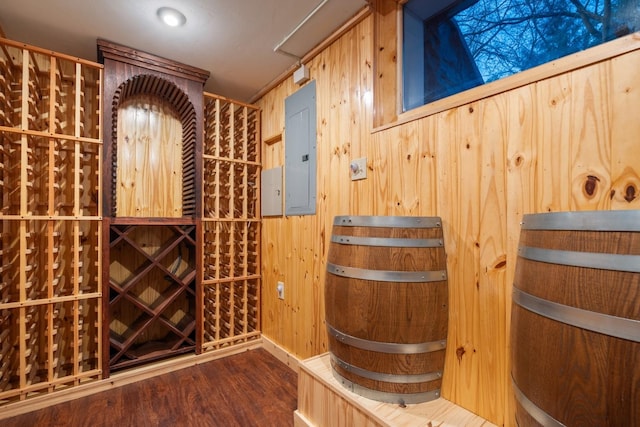 wine room with electric panel, wood walls, and wood finished floors