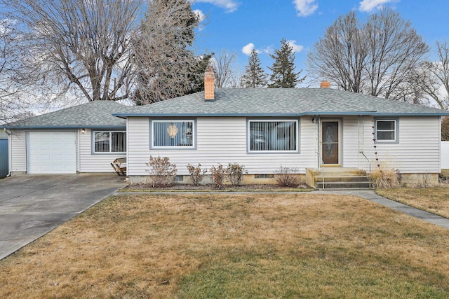 single story home featuring an attached garage, a chimney, a front lawn, and roof with shingles