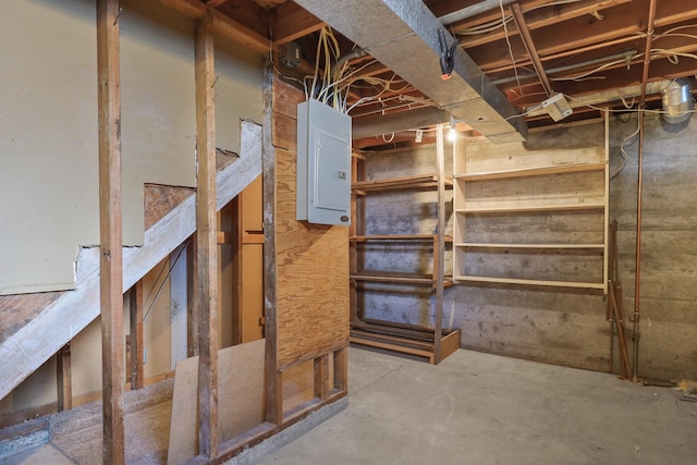 unfinished basement featuring electric panel