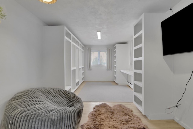 walk in closet with a baseboard heating unit and wood finished floors