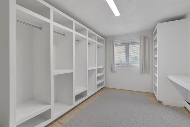 spacious closet featuring a baseboard heating unit and wood finished floors