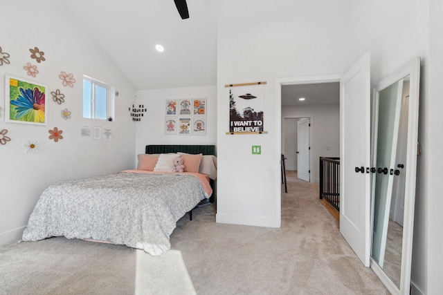 bedroom with baseboards, light colored carpet, lofted ceiling, recessed lighting, and a ceiling fan