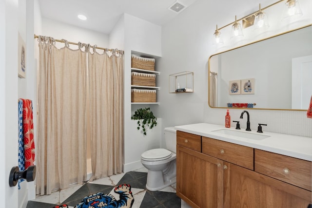 full bathroom featuring tile patterned flooring, visible vents, backsplash, toilet, and a shower with shower curtain