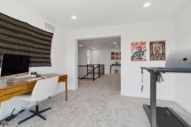 office featuring carpet flooring, recessed lighting, visible vents, and baseboards