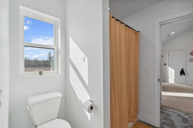 full bathroom featuring a shower with curtain, toilet, and vaulted ceiling