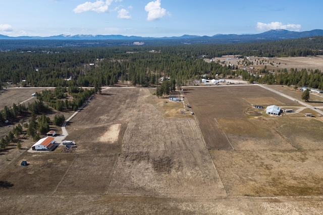 aerial view featuring a wooded view and a mountain view