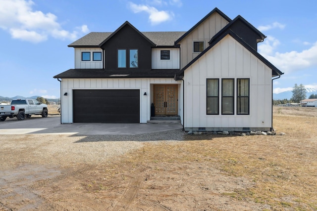 modern inspired farmhouse featuring roof with shingles, driveway, a garage, crawl space, and board and batten siding