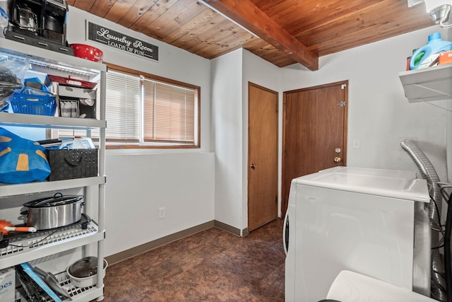 laundry room featuring baseboards, wood ceiling, laundry area, and washer and clothes dryer