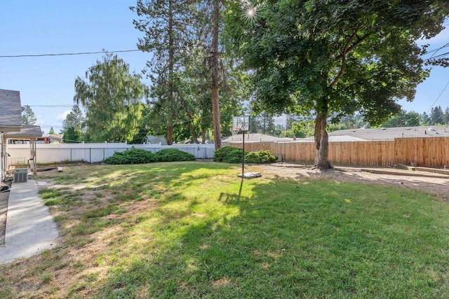 view of yard featuring central AC and a fenced backyard