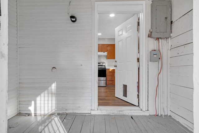 doorway to property featuring electric panel