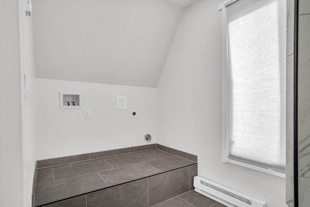 laundry room with hookup for a washing machine, hookup for an electric dryer, laundry area, a baseboard heating unit, and a wealth of natural light