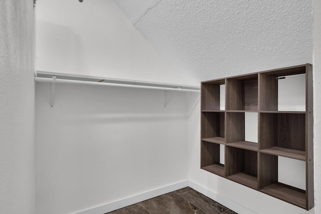 walk in closet with dark wood finished floors