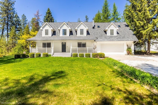 cape cod house featuring a front lawn, covered porch, roof with shingles, concrete driveway, and an attached garage