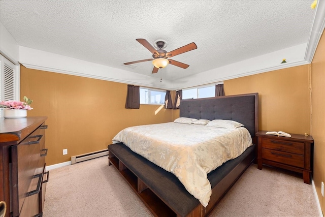 bedroom featuring a baseboard radiator, light colored carpet, ceiling fan, and a textured ceiling