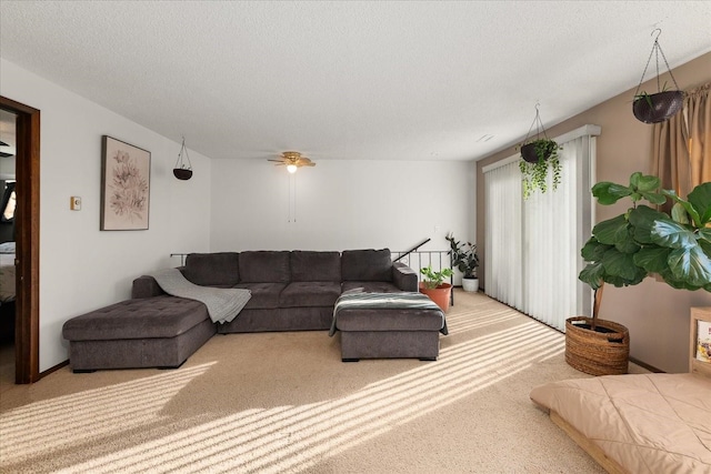 living area featuring carpet and a textured ceiling