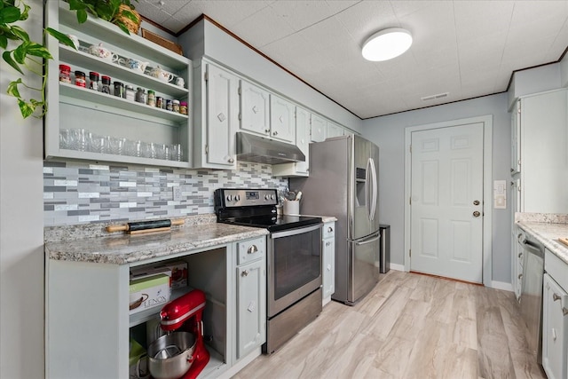 kitchen with backsplash, under cabinet range hood, light wood-type flooring, stainless steel appliances, and open shelves