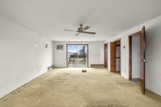 spare room with a ceiling fan, unfinished concrete flooring, and a wall unit AC