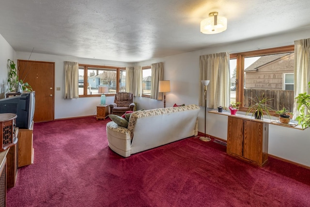 living area featuring carpet flooring, baseboards, and a textured ceiling