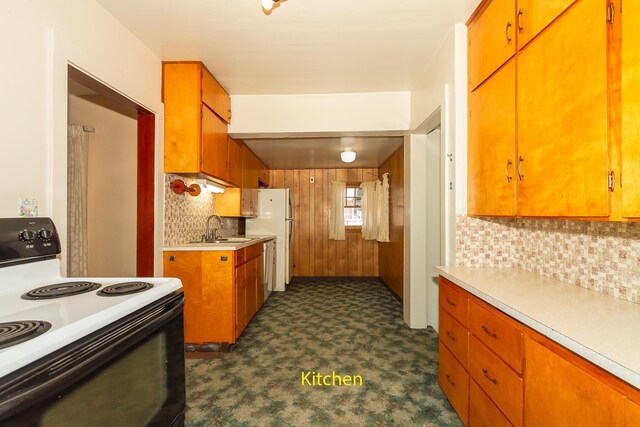 460 E Columbia Ave, Colville, WA 99114 - kitchen with electric range, tasteful backsplash, light countertops, a sink, and brown cabinets