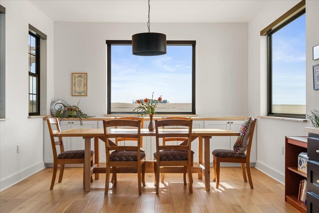 dining area with a healthy amount of sunlight, baseboards, and light wood-style floors