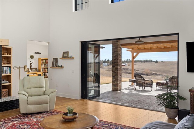 living area with baseboards, a towering ceiling, and wood finished floors