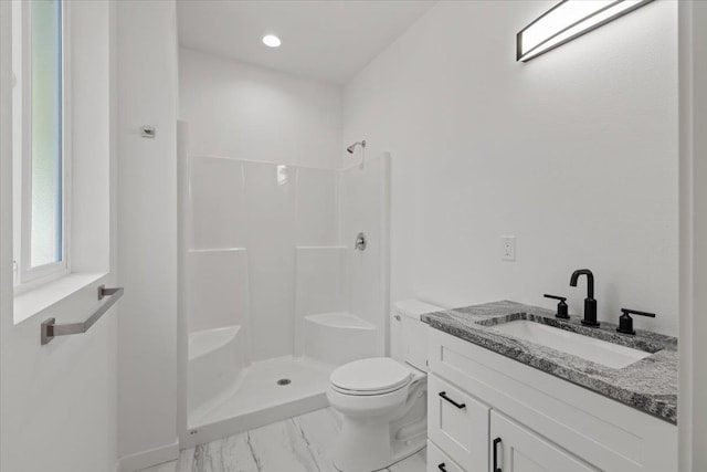 full bathroom featuring walk in shower, toilet, recessed lighting, marble finish floor, and vanity