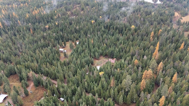 bird's eye view with a wooded view