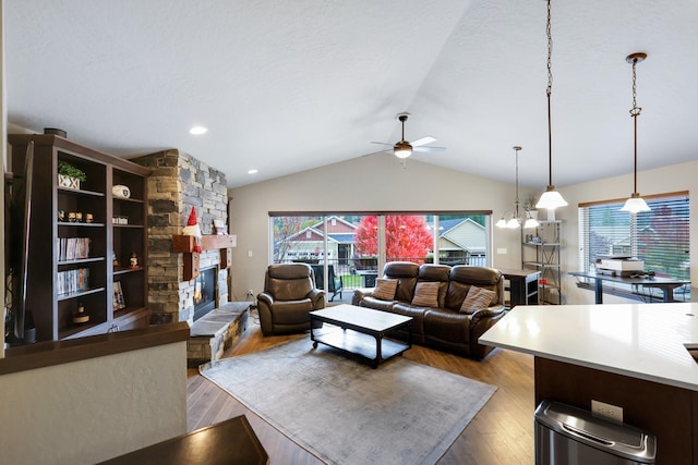 living room with lofted ceiling, wood finished floors, a fireplace, and plenty of natural light