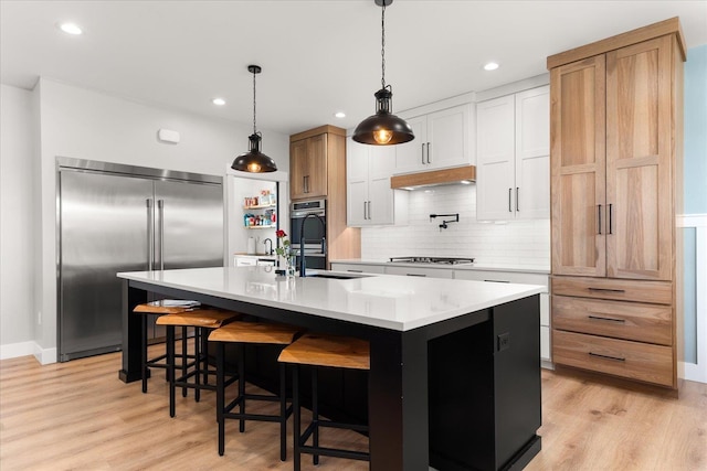 kitchen with under cabinet range hood, stainless steel appliances, light wood finished floors, and a sink