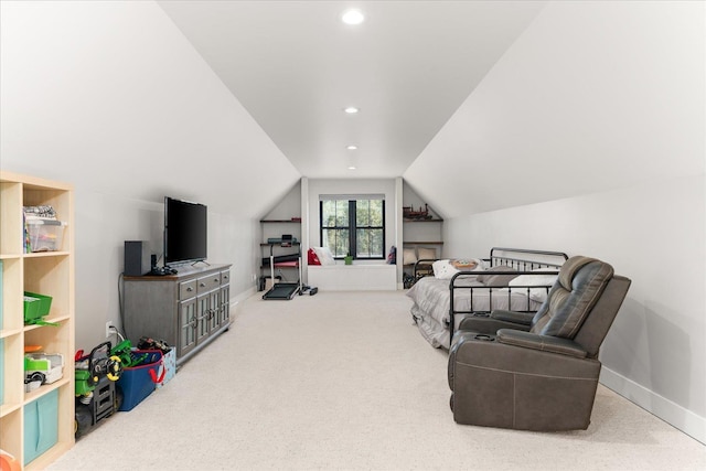 bedroom featuring carpet flooring, recessed lighting, baseboards, and lofted ceiling