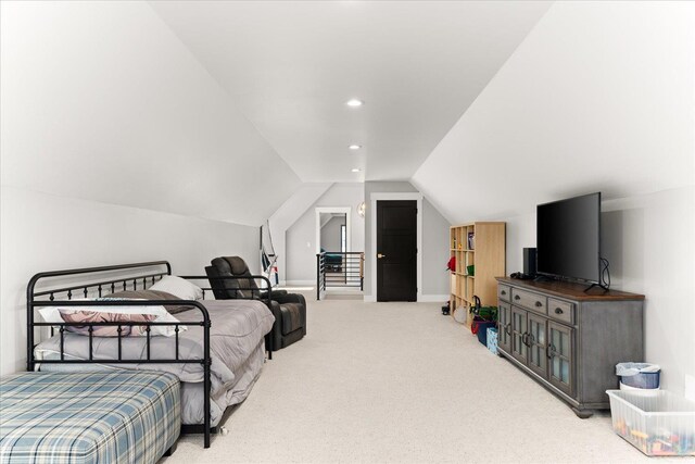 bedroom featuring vaulted ceiling, recessed lighting, baseboards, and carpet floors