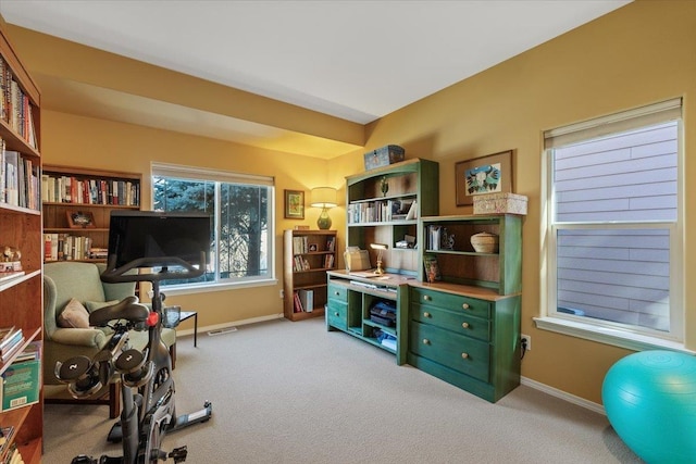 exercise room featuring carpet flooring and baseboards