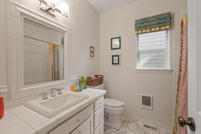 full bath with heating unit, visible vents, baseboards, toilet, and marble finish floor