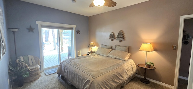 bedroom featuring ceiling fan, baseboards, and carpet