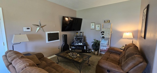 living room featuring baseboards, carpet, and vaulted ceiling