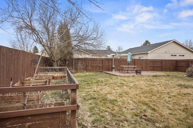 view of yard with a patio area, a fenced backyard, and a vegetable garden