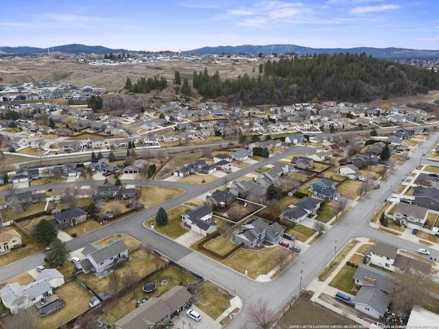 aerial view featuring a mountain view and a residential view