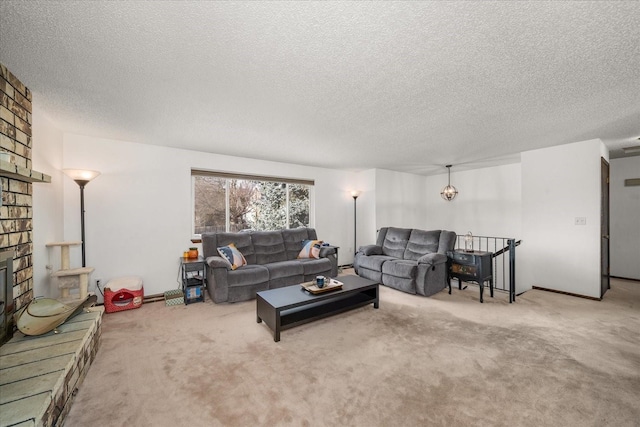 carpeted living room with a textured ceiling and a brick fireplace