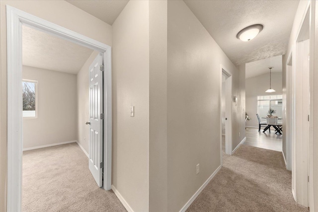 hallway featuring baseboards, carpet floors, and a textured ceiling