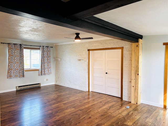 unfurnished bedroom with a baseboard heating unit, beamed ceiling, hardwood / wood-style floors, and a textured ceiling